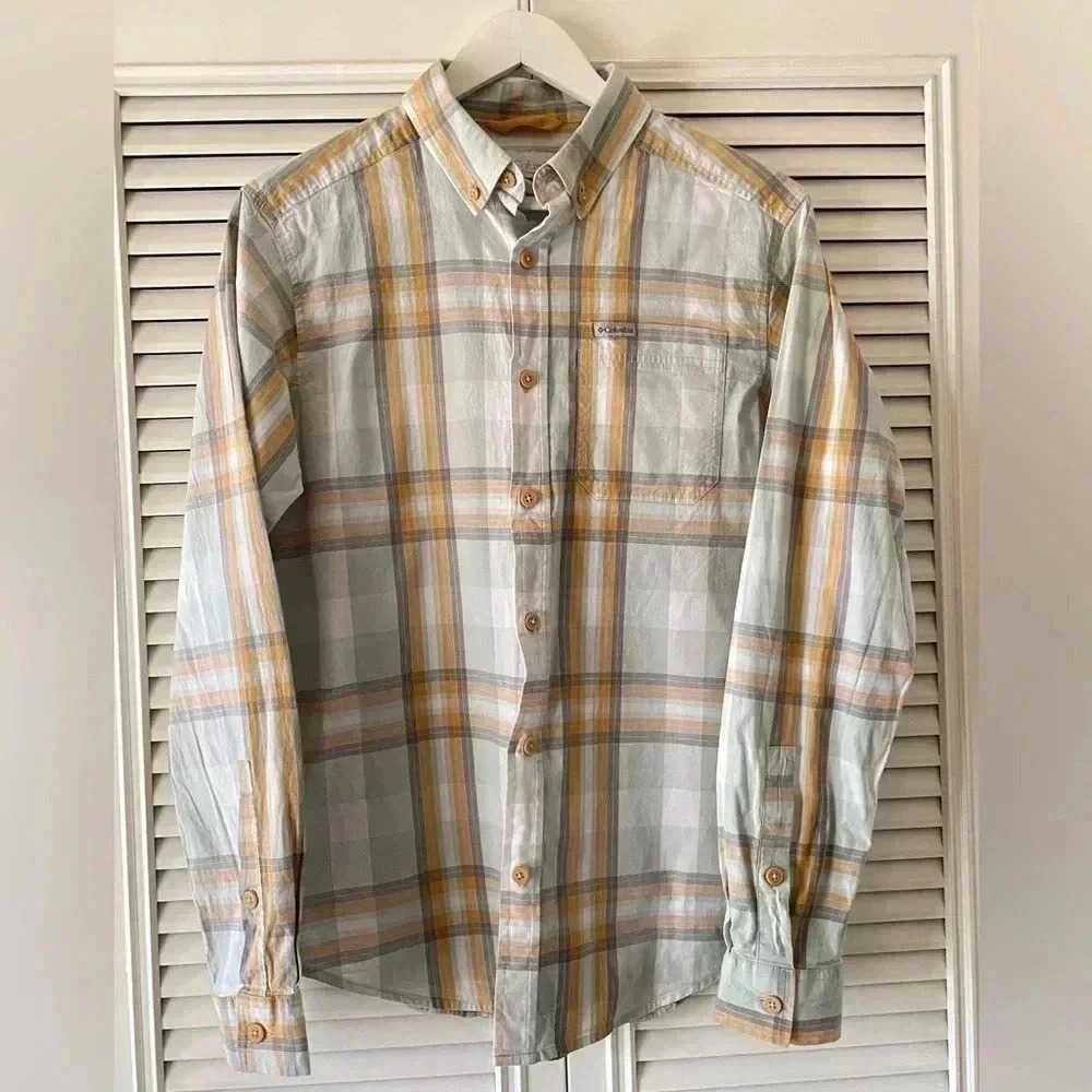 Columbia Men’s Long Sleeve Button Down Plaid Orange & Gray SZ S